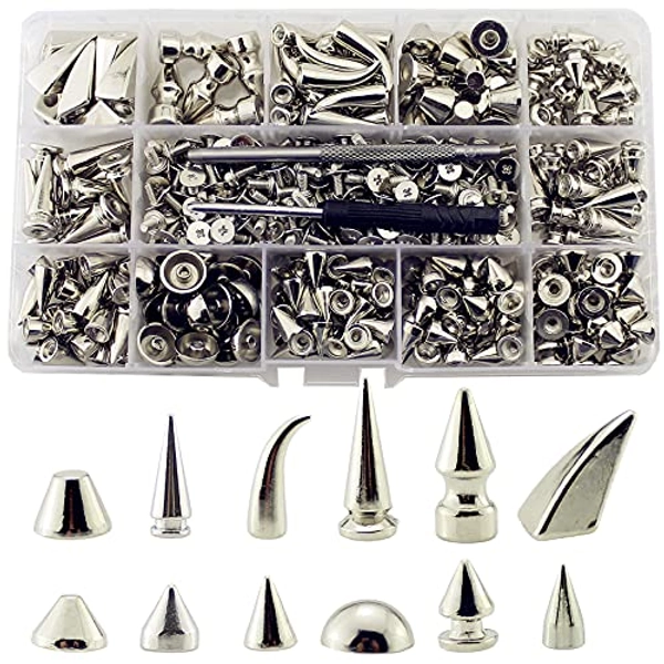 IDIYCLUB 265 Sets Multiple Designs Screwback Silver Punk Spikes and Studs Metal Tree Cone Rivets Kit for Leather Crafts DIY Project Clothing Shoes Decoration