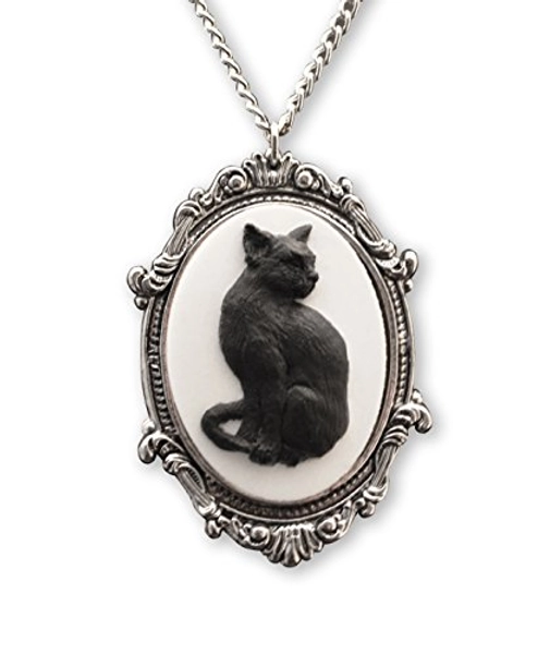 Real Metal Black Cat Cameo in Antique Silver Finish Pewter Frame Pendant Necklace