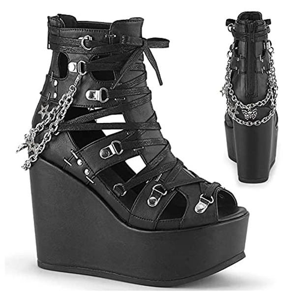 VOMIRA Summer Platform Sandals Gothic Punk Roman Shoes Metal Chain Black Wedge Sandal Open Toe Lace-up Gladiator Heeled Sandals