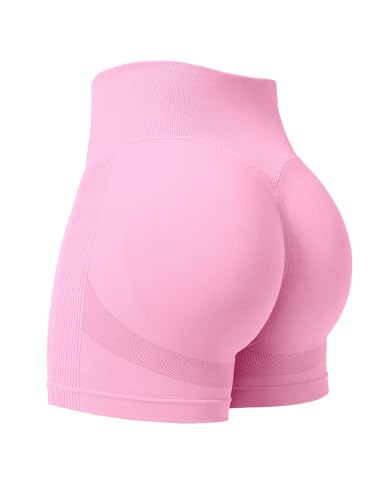 YEOREO Professional Women Workout Shorts 3.6" Scrunch Shorts Seamless High Waisted Contour Gym Yoga Biker Shorts - Pink - Small