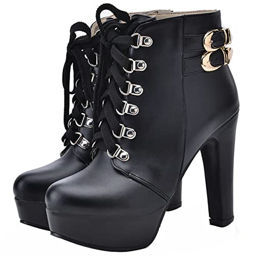 UniqueStride Womens Platform Block High Heel Ankle Booties Buckle Lace up Ankle boots - Black - 14