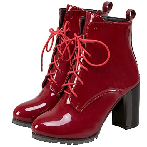 ClassicSter Womens Lace Up Patent Booties Chunky High Heel Ankle Boots - 14 - Red