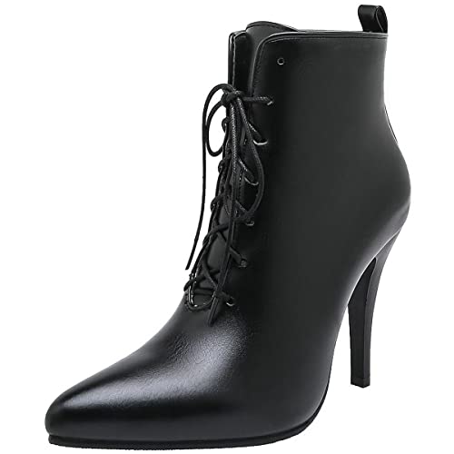 ClassicSter Womens Pointed Toe Stiletto Ankle Boots Lace Up High Heel Booties - 14 - Black