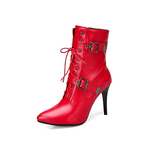 9CM Pointed Super High Heel Lace Up Short Boots with Thin Heel Belt Buckle and Ankle Boots - 14 - Red