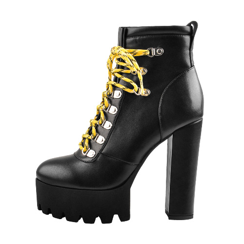 Yellow Strappy Round Toe Platform Chunky Heels Ankle Boots | Black / US14