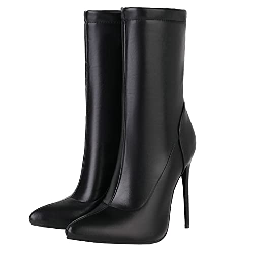 BEAUPAS Women's Mid Calf Boots Stiletto Ankle Boots Pointed Toe Stretch High Heel Shoes - 14 - Black/2