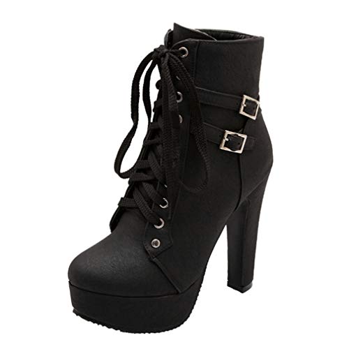 KOKOMOMO Womens High Block Heel Lace Up Ankle Boots Ladies Buckle Platform Boots - 14 - Black