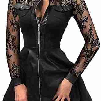 YAOTT Pleated Leather Dress Women Vintage Dress Elegant Long Sleeve Transparent Lace Dress Zipper A-Line Dress for Party Clubwear Work, Black2, L : Amazon.com.be: Fashion