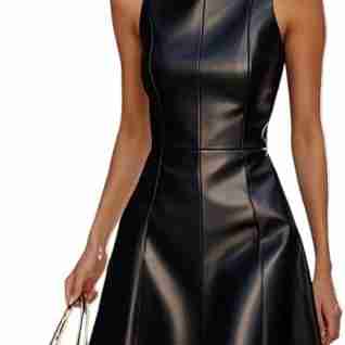 Women's Faux Leather Mini Dress with Straps Elegant Evening Dress Sleeveless Nightclub Party Dress Elegant Faux Leather Dress for Festive Occasions, Black, XL : Amazon.com.be: Fashion
