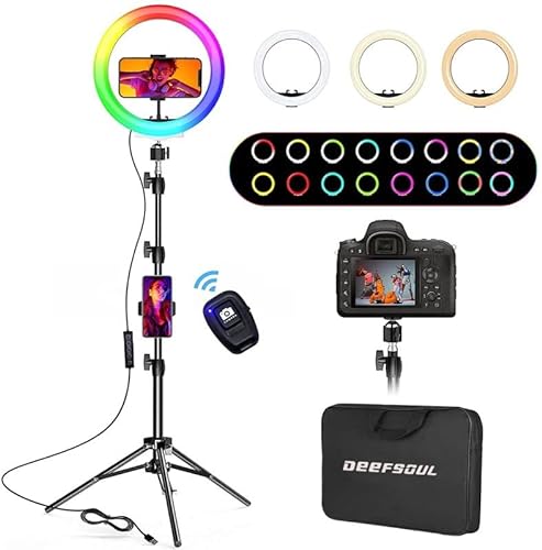 Ring Light with Tripod Stand & Phone Holder, DEEFSOUL, 10.2'' Ring Light with 35 RGB Modes, 3 Light Effects and 10 Adjustable Brightness, Selfie Ring Light for Vlog/TikTok/Selfi/Makeup