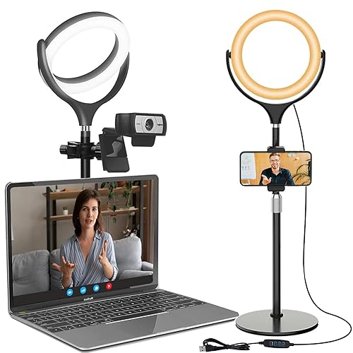 Ring Light with Stand, Desk Ring Light with Phone Holder for Laptop/Video Conferencing/webcam Lighting/Zoom Meetings, 8" Selfie Ring Light for Makeup/Live Streaming/YouTube/Tiktok (Black-2) - 8in Black