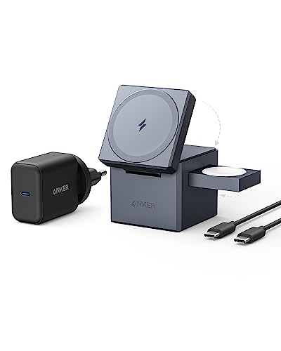 Caricabatterie MagSafe, Anker Cube 3 in 1 con MagSafe, caric. wireless richiudibile ricarica rapida max 15 W, iPhone 14/13/12, Apple Watch Series 1-8/Ultra, AirPods Pro/3/2 (con caric. USB-C 30 W)