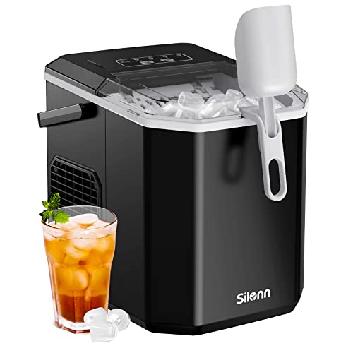 Silonn Ice Maker Countertop, Portable Ice Machine with Carry Handle, Self-Cleaning Ice Makers with Basket and Scoop, 9 Cubes in 6 Mins, 26 lbs per Day, Ideal for Home, Kitchen, Camping, RV - Black