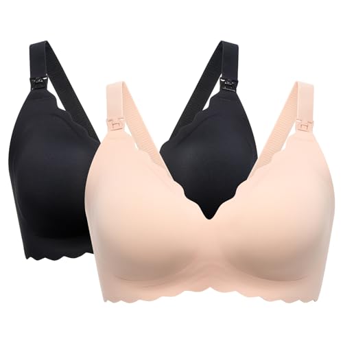 Momcozy Nursing Bras for Breastfeeding, Seamless Pregnancy Maternity Bra Wireless Classic Jelly Strip Support Nursing Bra - X-Large - 2 Pack-black,oyster Pink