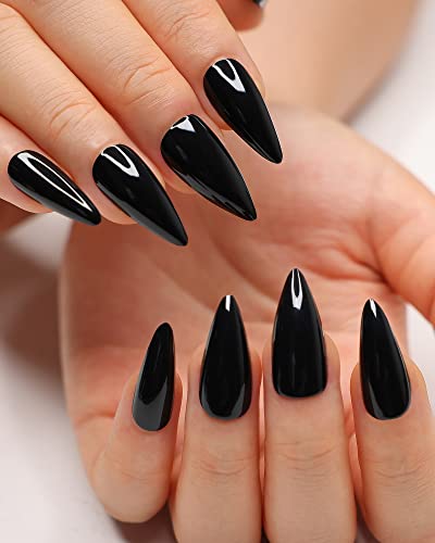 morily 24Pcs Black Press on Nails Stiletto Fake Nails Medium Length Almond False Nails Tips Long Acrylic Glossy Stick on Nail Solid Color Full Cover Fingernails Manicure for Women and Girls (Black) - Black