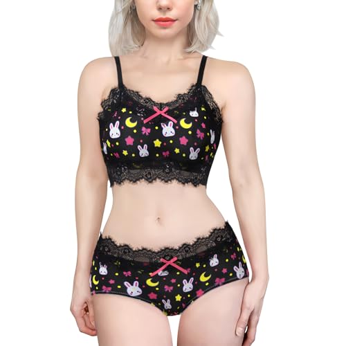 Littleforbig Lacy Trim Women Nightwear Strap Sleepwear Cami Top Shorts Lingerie bralette loungewear Set - Sweet Usagi - Medium - Black