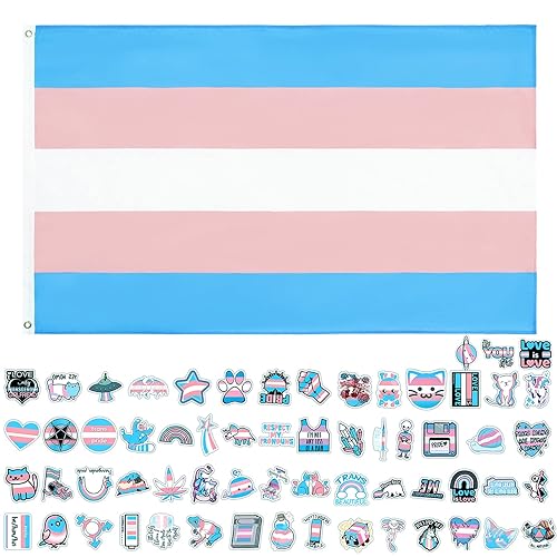 GoldRock Trans Flag Transgender Pride Stickers Set, Trans Flagge 150x90 cm+60 Stück Trans Aufkleber, Packer Transgender Pride Flag, Indoor Outdoor Diverse Urlaubs Party LGBT Flag, Gay Pride Flagge - C-Transgender Flagge+Sticker