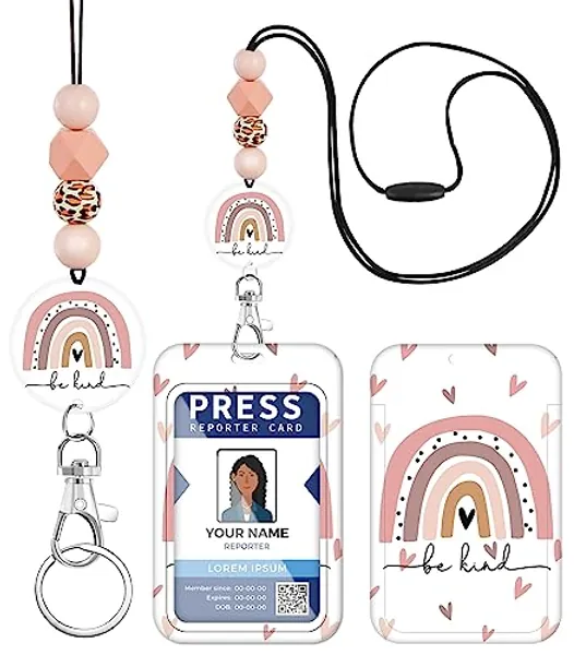 Plifal Teacher Lanyard for ID Badge Card, Cute Be Kind Rainbow Women Beaded Breakaway Neck Lanyards Name Tag Badges Holder Aesthetic Work Keys Accessories Gift