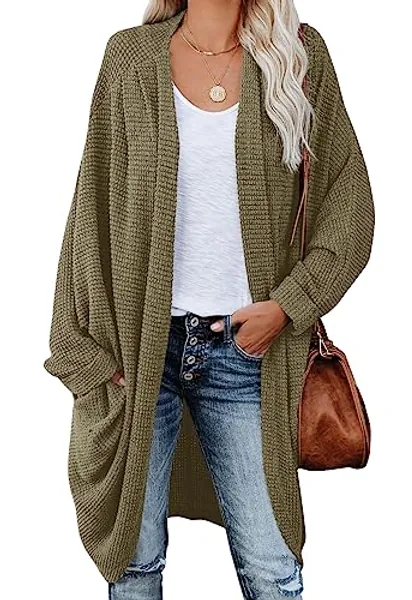 ZoeAce Womens Open Front Knit Cardigan Long Batwing Sleeve Oversized Sweater Chunky Waffle Cable Boho Pockets Coat