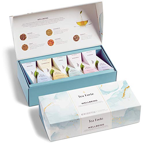 Tea Forte Wellbeing Organic Wellness Tea, Petite Presentation Box, Sampler Gift Set With Assorted Variety Handcrafted Pyramid Infuser Bags - Herbal, Green, 10 Count (Pack of 1) - Wellbeing Wellness Tea