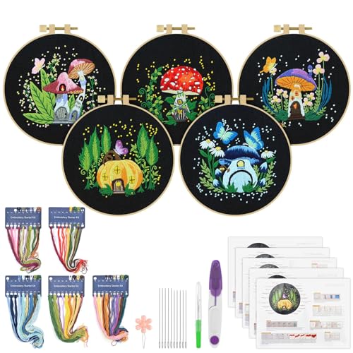 ERKOON 5 Sets Embroidery Kit for Beginners, Art Craft Handy Sewing Set Mushroom Cross Stitch Starter Kits, DIY Embroidery Kits with Patterns and Instructions Hoops Needles Threads - Black-Mushrooms