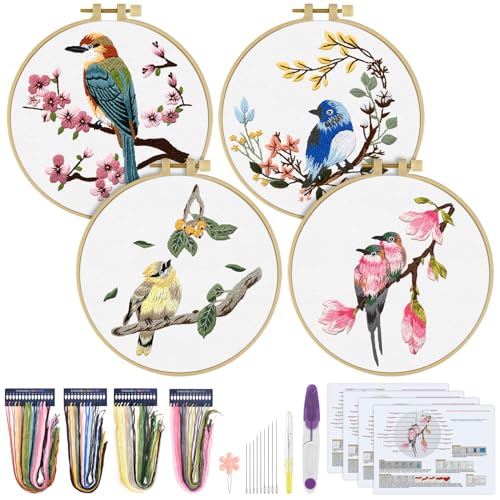 ERKOON 4 Sets Embroidery Kit for Beginners, Art Craft Handy Sewing Set Hummingbird and Flower Cross Stitch Starter Kits, DIY Embroidery Kits with Patterns and Instructions Hoops Needles Threads