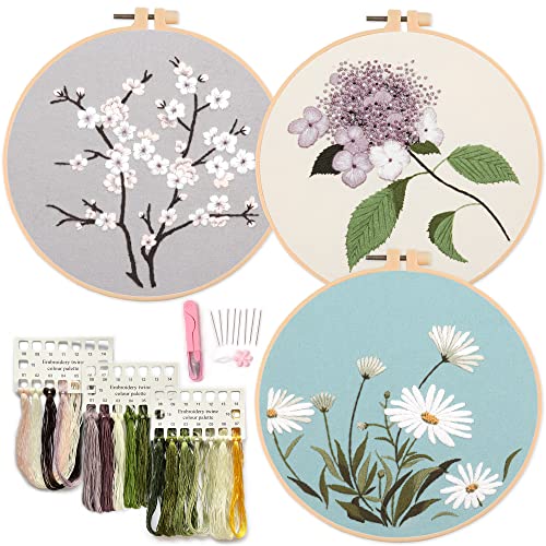 Silentsea 3 Sets of Starter Kits for Embroidery Beginners, Including 3* Embroidery Cloth with Patterns, Hoop, Needle, Manual and Other Manual DIY Tools Needed for Embroidery - multicolor
