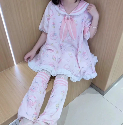 Kawaii Pink Dress Navy Collar Dress And Leg Warmers 