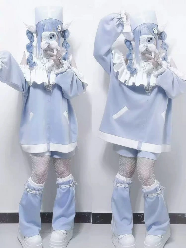 Open-shoulder Tenshi Kaiwai Sweatshirt Set, Pockets 