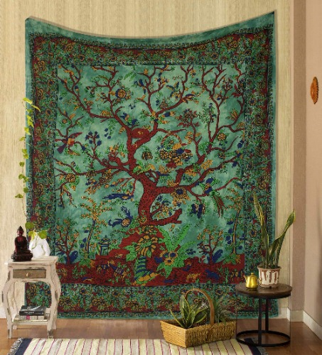 THE ART BOX Tapestry Green Tree of Life Wall Hanging Psychedelic Tapestries Indian Cotton Twin Bedspread Picnic Sheet Wall Decor Blanket Wall Art Hippie Bedroom Décor (Twin, 82x54 Inch) - Green Twin (140 x 210 Cms / 54 x 82 Inches)