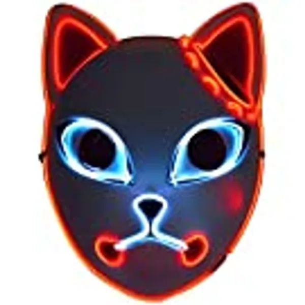 Tioeng Demon Slayer Cosplay Mask-LED Halloween Mask Japanese Anime Photography Props Toy (1 red Ears)
