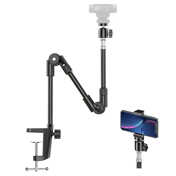 Webcam Stand Camera Mount with Phone Holder, KDD 25 Inch Foldable Flexible Gooseneck Cell Phone Clamp & Table Projector Mount, for Logitech C922 C930e C920S C920 C615 C960 Brio 4K, Gopro Hero 8 7 6 5
