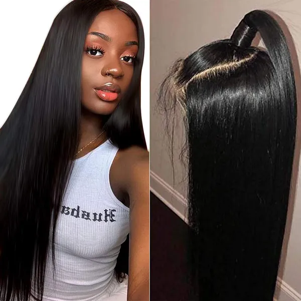 Muokass 4x4 Lace Front Wigs Straight Hair Brazilian Virgin Human Hair Lace Closure Wigs For Black Women 180% Density Pre Plucked With Elastic Bands Natural Color (18 inch, straight wig)