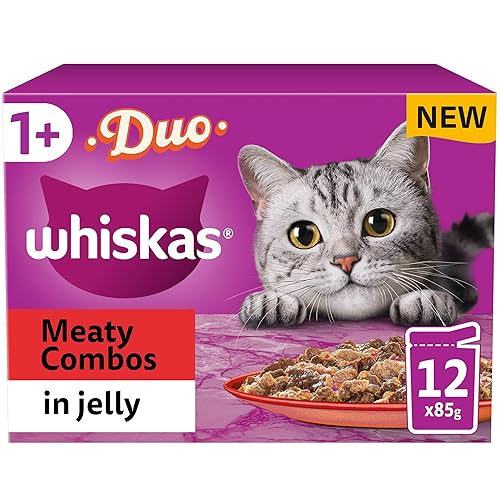 Whiskas Tasty Duo 1+ Meaty Combos in Jelly 48 x 85 g Pouches, Adult Cat Food, Pack of 4 (12 x 85 g) - Meaty Combos - 1.02 kg (Pack of 4)