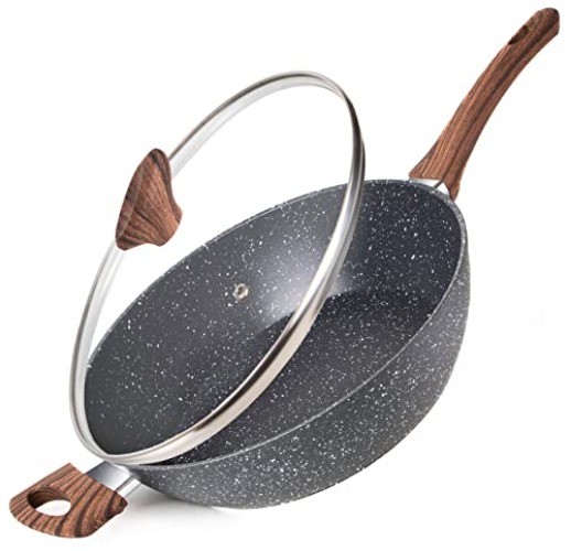 nuovva Non Stick Saute Pan – Induction Hob Saucepan with Lid – Kitchen Pan Cookware – 28cm Marble Chef's Pan - Sauté pan - Marble