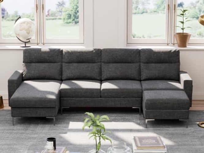 Furniwell 111" Modular Sectional Couch, U Shaped Sectional Sofa with Removable Ottoman, Modern Fabric Sofa 4 Seater Couch with Metal Legs for Living Room (Dark Grey) - Dark Grey
