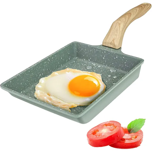 Japanische Antihaft-Beschichtung Omelettpfannen, Tamagoyaki Ei Pfanne, Gasherd und Induktion Skochfeld Kompatibel, Rechteckige Fettfreies Braten Bratpfanne mit Holz Griff und Ölbürste (Grün, 20x15cm)