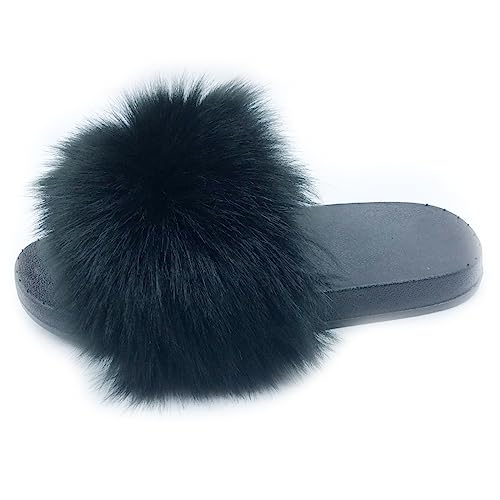 Unpafcxddyig Women Artificial Fur Slide Slippers Soft Furry Open Toe Slip On Sandals - 9 - Black