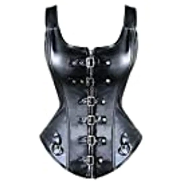 YIANNA Women Steampunk Punk Rock Faux Leather Buckle Up Corset Bustier Basque Top