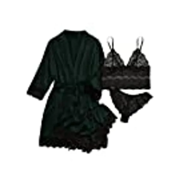 WDIRARA Women' Silk Satin Pajamas Set 4pcs Lingerie Floral Lace Cami Sleepwear with Robe