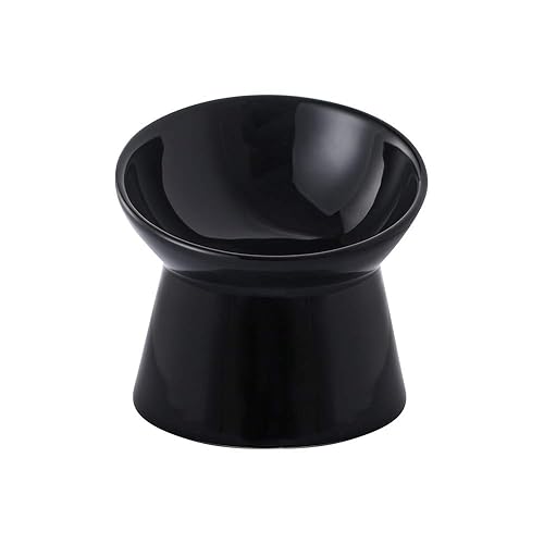 Black Small Ceramic Raised Cat Bowls, Tilted Elevated Food or Water Bowls, Stress Free, Backflow Prevention, Dishwasher and Microwave Safe, Lead & Cadmium Free - Black