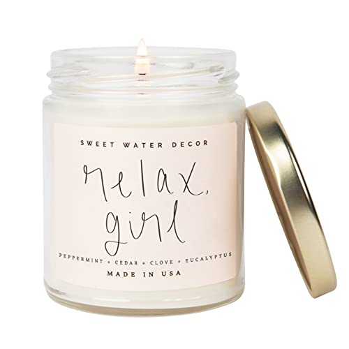 Sweet Water Decor, Relax Girl, Peppermint, Cedar, Clove, and Eucalyptus Scented Soy Wax Candle for Home | 9oz Clear Jar, 40 Hour Burn Time, Made in the USA - Relax Girl