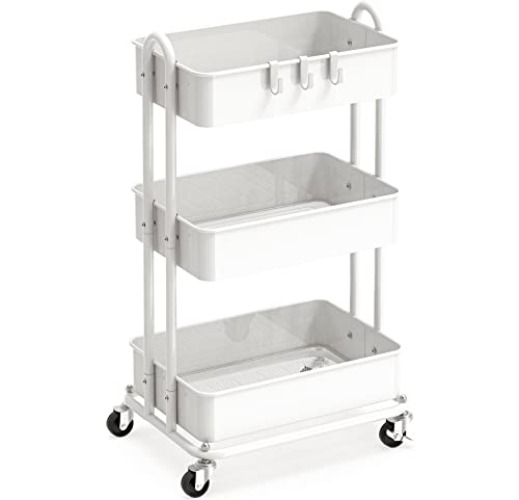 SimpleHouseware Heavy Duty 3-Tier Metal Utility Rolling Cart, White - White
