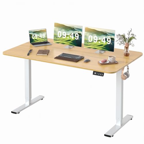 Furmax Electric Height Adjustable Standing Desk Large 55 x 24 Inches Sit Stand up Desk Home Office Computer Desk Memory Preset with T-Shaped Metal Bracket, Light Wood - Light Wood - 55 Inch