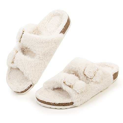 FITORY Womens Open Toe Slipper with Cozy Lining,Faux Rabbit Fur Cork Slide Sandals Size 6-11 - 8 - Beige