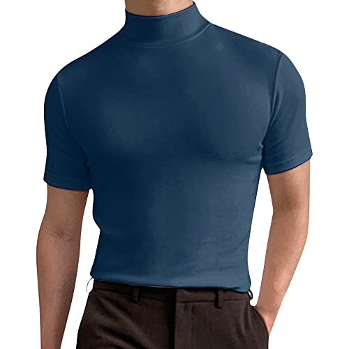 Men's Fashion Long/Short Sleeve Turtleneck Slim Fit Pullover Tops Thermal Shirts - Style1-blue - Medium