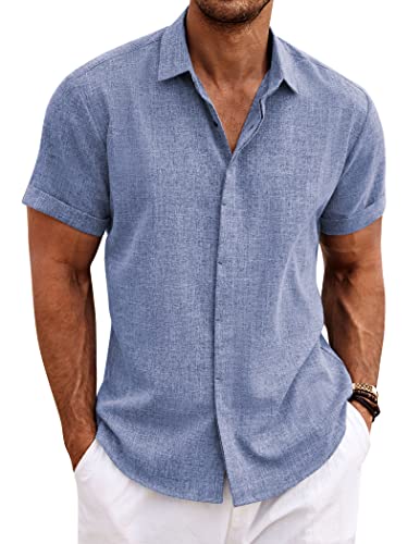 COOFANDY Men's Linen Shirts Short Sleeve Casual Shirts Button Down Shirt for Men Beach Summer Wedding Shirt - Medium - Denim Blue