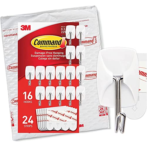 Command Small Wire Toggle Hooks, Damage Free Hanging Wall Hooks with Adhesive Strips, No Tools Wall Hooks for Hanging Organizational Items in Living Spaces, 16 White Hooks and 24 Command Strips - 16 Hooks