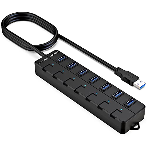 USB hub,7 Port USB 3.0 Hub,VEMONT USB Splitter with Individual On/Off Switches and Lights, 4ft/1.2m USB HUB Long Cable, USB Extension for Laptop and PC Computer