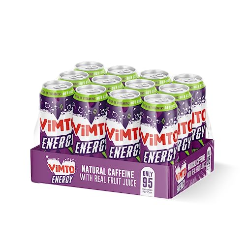 Vimto Original Real Fruit Energy Drink + Natural Caffeine + B Vitamins, Prime Energy Juice Drink 500ml Big Can (pack of 12) - Raspberry - 500ml